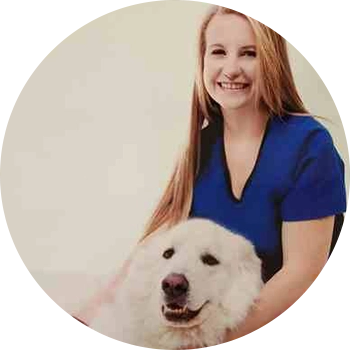 A woman holding a white dog in her arms.